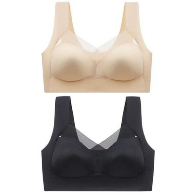 Two seamless bras laid out together on a white background, one in beige and one in black, both with mesh neckline panels. 6