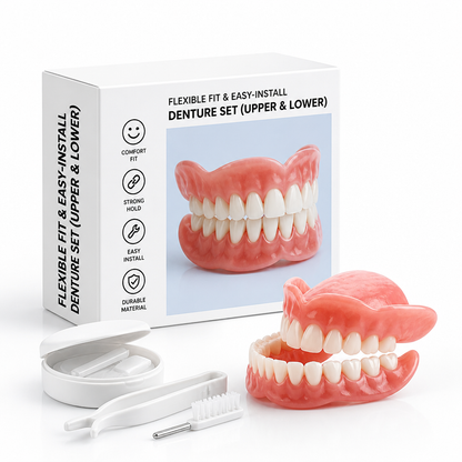 Denture set with open white case, tweezers, small brush and the product box standing behind 5