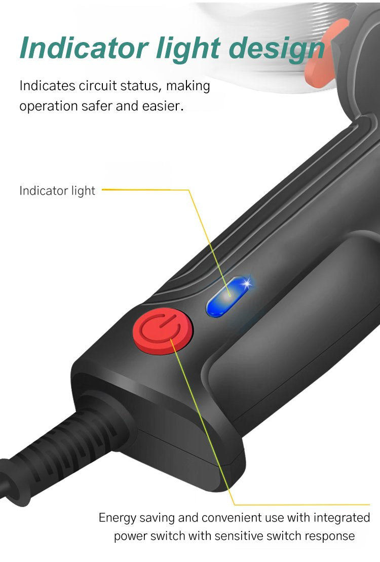 Close-up of the handle's blue indicator light and red round power switch, with the cord at the base 5