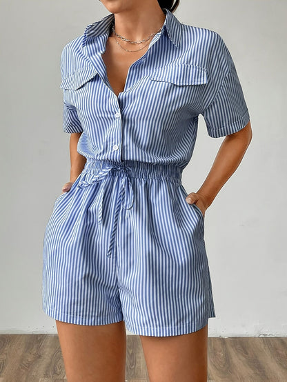Trendy women's jumpsuit with short sleeves for summer - StripeFresh