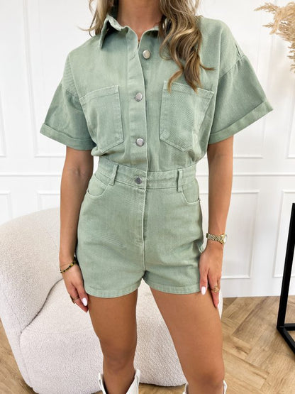 Trendy short-sleeved denim jumpsuit with shirt design – Mila