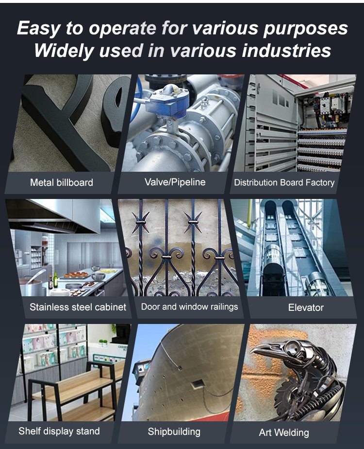 Grid of nine industrial uses, from valves and railings to lifts, shop shelving, shipbuilding and metal art 4