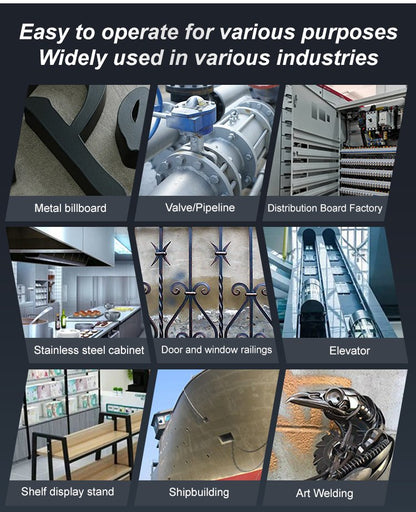Grid of nine industrial uses, from valves and railings to lifts, shop shelving, shipbuilding and metal art 4