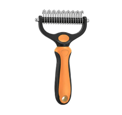 Orange and black rake viewed from the curved-blade side, showing the hooked stainless steel teeth and hanging hole. 15