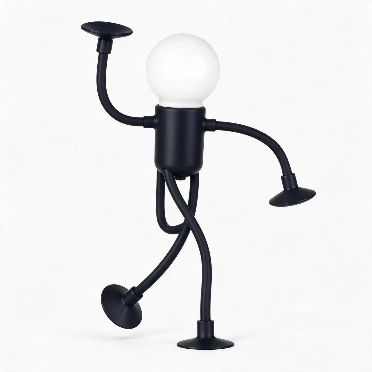 Black figure light with frosted bulb head, one arm raised and legs crossed, on white background 28