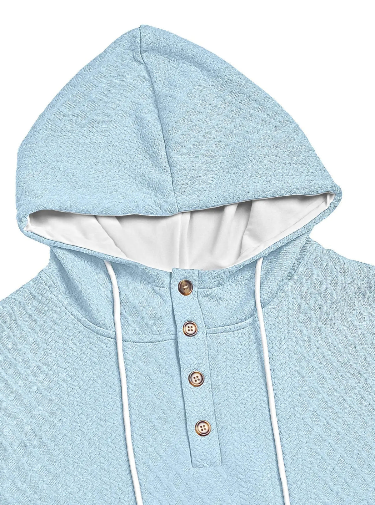 Close-up of the light blue textured hood, white lining, drawcords and four-button placket 28