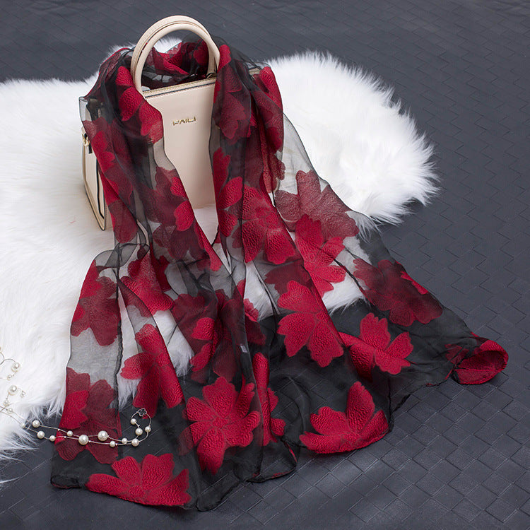 Autumnal ladies' silk scarf with floral pattern and cut-out design – Fiora (Buy one, get one free)