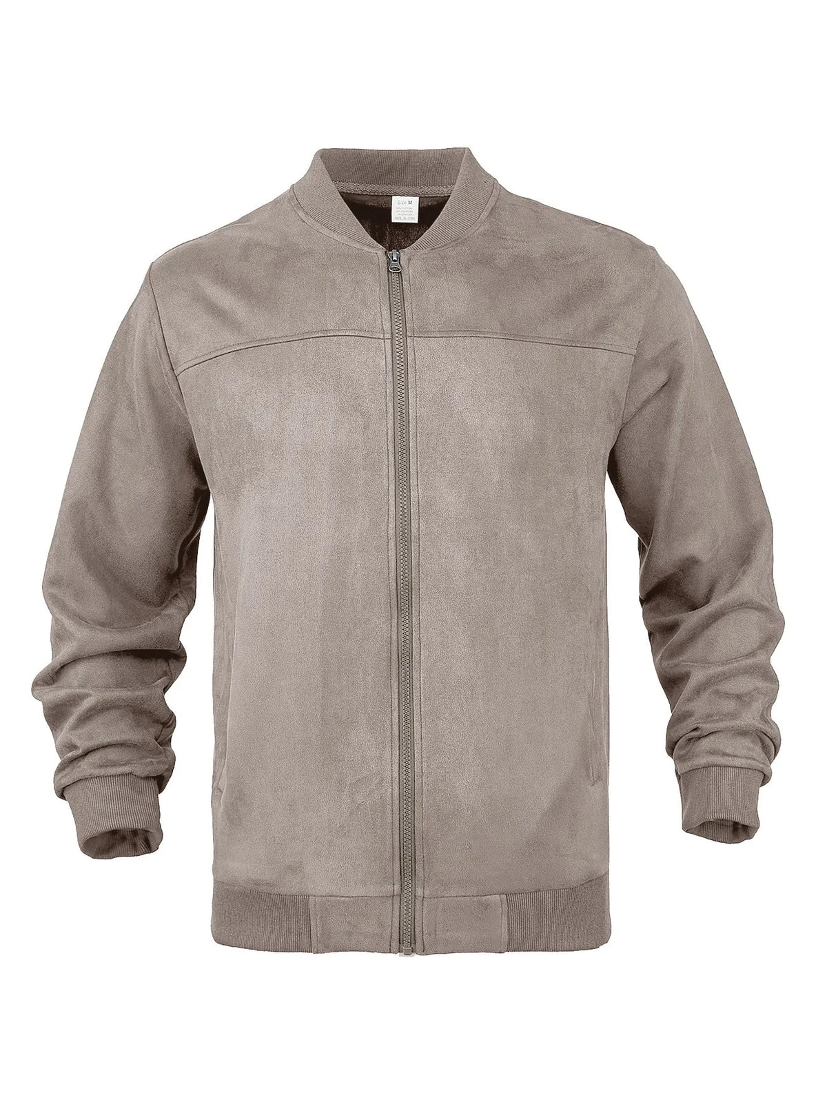 Taupe zip-up jacket laid flat from the front, with ribbed stand collar, cuffs and hem 29