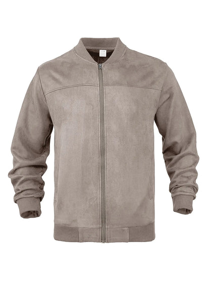 Taupe zip-up jacket laid flat from the front, with ribbed stand collar, cuffs and hem 29