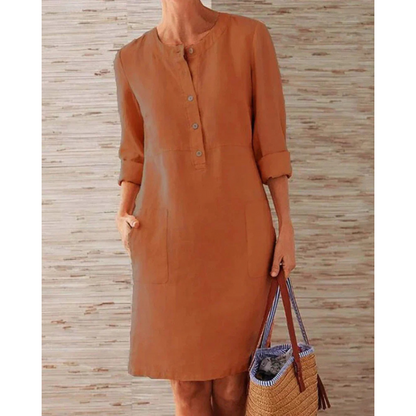 Stylish autumnal women's casual dress with pockets & round neckline – Niva