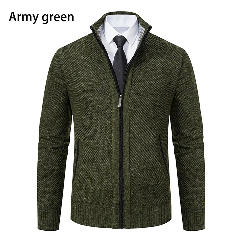 Front view of the army green cardigan with black zip, worn with white shirt and black tie 29