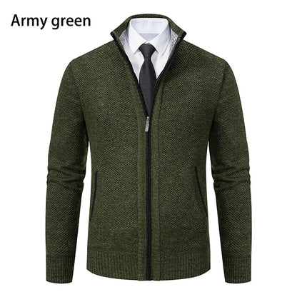Front view of the army green cardigan with black zip, worn with white shirt and black tie 29