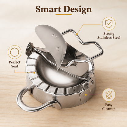 Open steel dumpling mould from above, showing the ridged edge, side handles and hinged lid, with callouts for seal, material and cleaning. 3