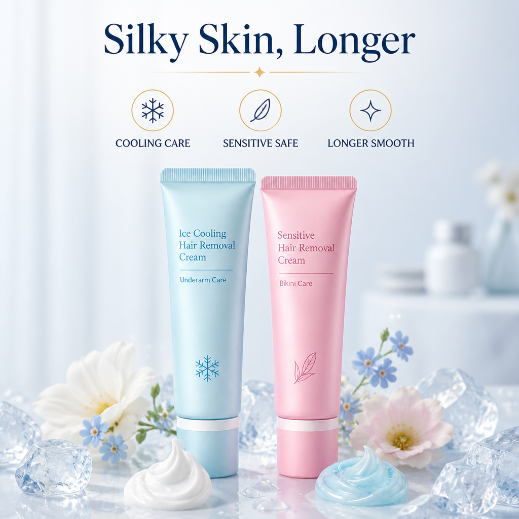 Pale blue and pink cream tubes side by side among ice cubes, flowers and swirls of white and blue cream. 3