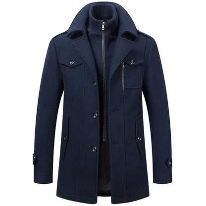 Navy coat laid flat from the front, showing the zip-up knitted inner collar and flap pockets 2