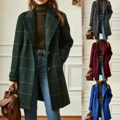 Collage showing the coat in dark green, charcoal, burgundy and royal blue, styled with jeans and a tan bag 2