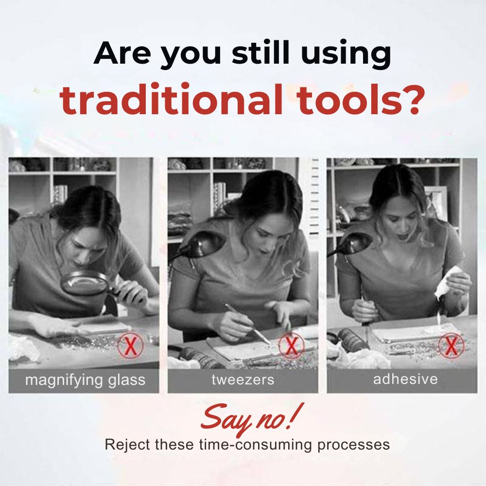 Three monochrome shots of a woman struggling with a magnifying glass, tweezers and adhesive to place gems 2