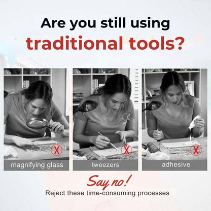 Three monochrome shots of a woman struggling with a magnifying glass, tweezers and adhesive to place gems 2