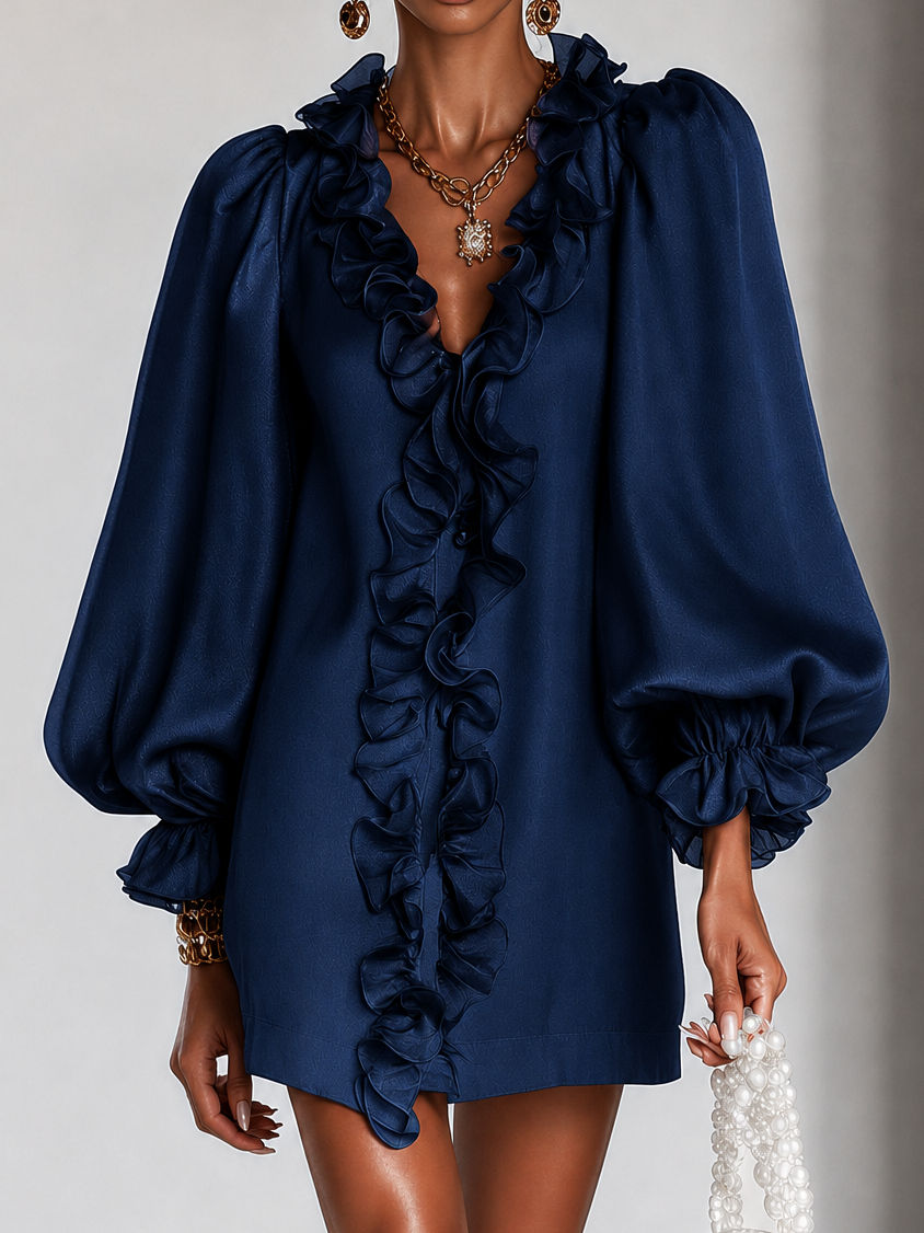 Close-up of the navy dress on a model, showing the layered ruffles down the front opening and the voluminous gathered sleeves. 6