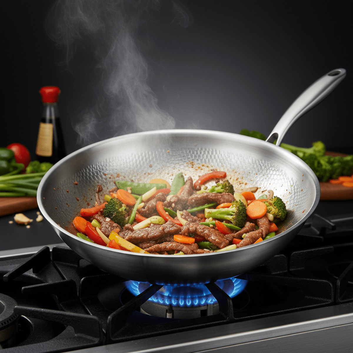 Wok on a gas hob with a blue flame, filled with a beef and vegetable stir-fry and steam rising. 5