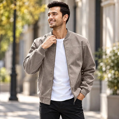 Smiling man outdoors wearing the taupe zip-up jacket with ribbed collar, one hand in his pocket 2