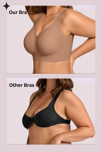 Side-by-side comparison of this smooth brown wireless bra and a black underwired bra on models 10