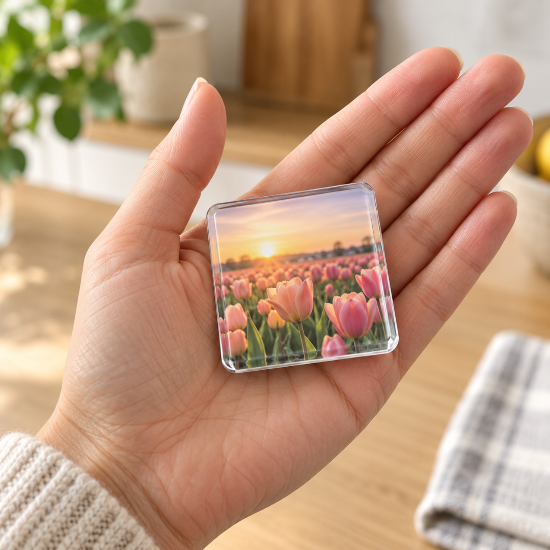 Hand holding a small square acrylic magnet showing a field of pink tulips at sunset 6