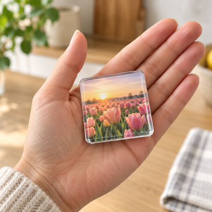 Hand holding a small square acrylic magnet showing a field of pink tulips at sunset 6