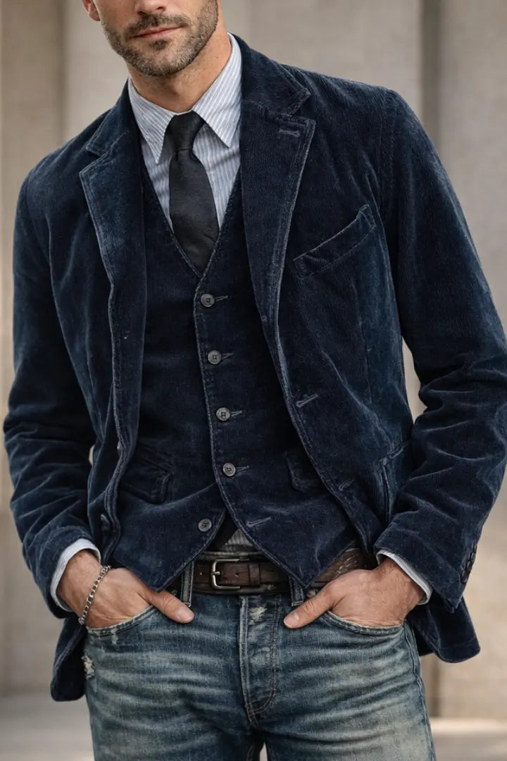 Close crop of the navy corduroy jacket and waistcoat over a striped shirt and dark tie 3