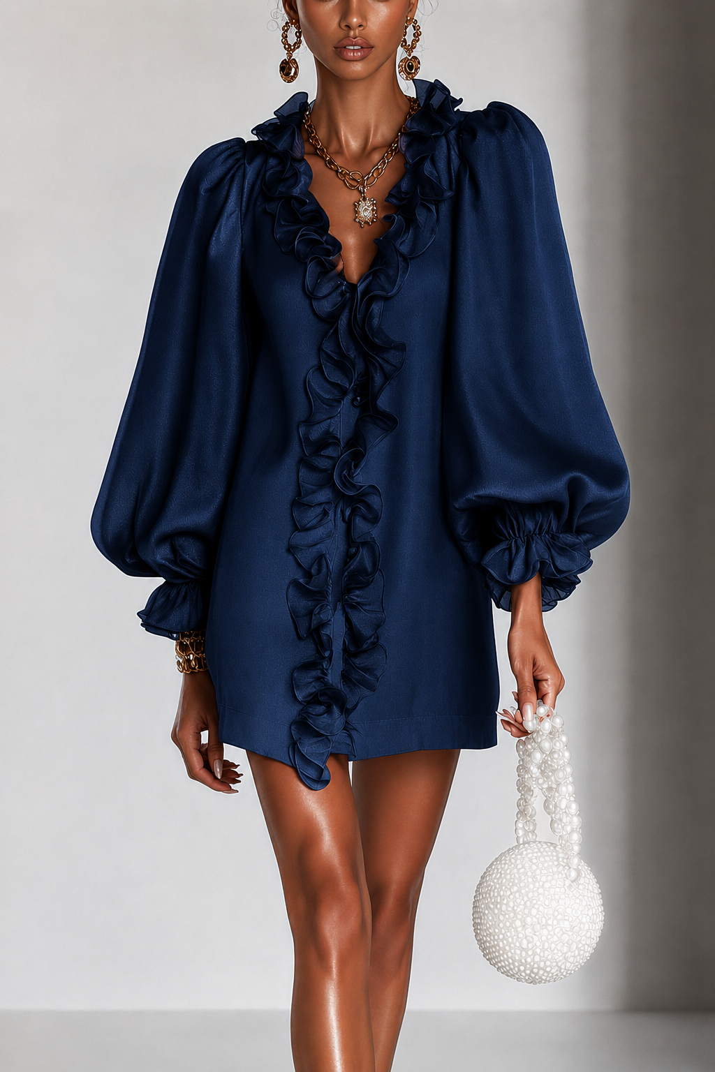 Model wearing the navy blue version, front view showing the ruffle-trimmed plunging neckline, puff sleeves and gathered cuffs, with a pearl bag. 2