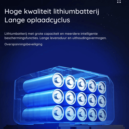 Illustration of a transparent battery pack holding fifteen blue cylindrical lithium cells, with text describing the rechargeable battery and its protection feat 6