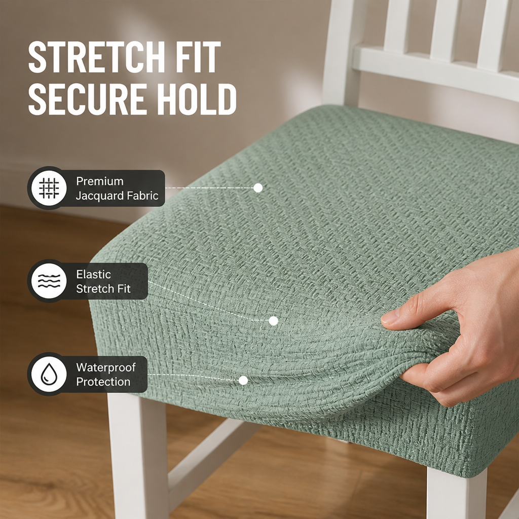 Close-up of a hand stretching a sage green jacquard seat cover over a white chair, showing its elasticity. 3