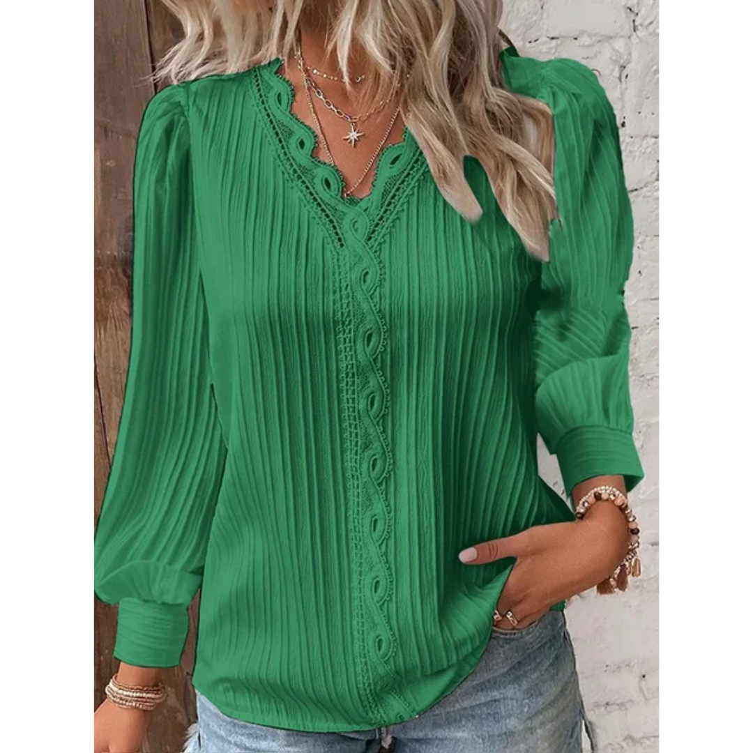 Stylish autumnal women's blouse with a V-neck and long sleeves – Alvara