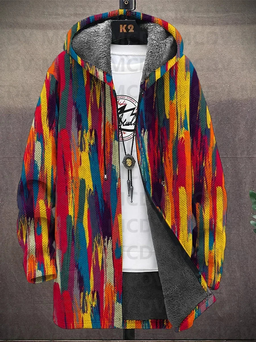 Jacket on a hanger in a bold vertical brushstroke print of red, yellow, orange and teal 2