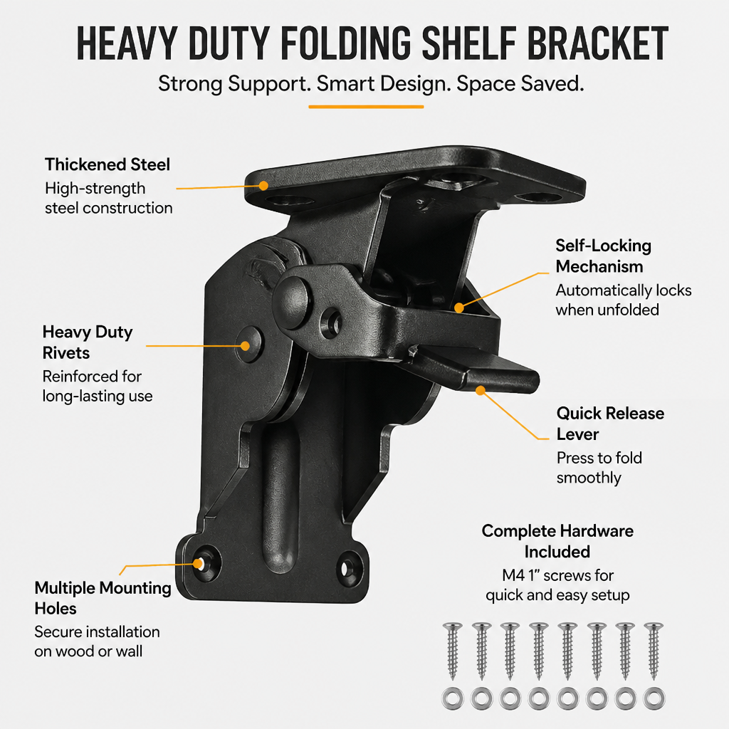 Infographic of a black bracket with callouts pointing to the steel body, rivets, locking mechanism, release lever, mounting holes and screws. 3