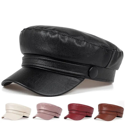 Black baker boy hat shown large, with four smaller hats in cream, pink, red and brown below 2