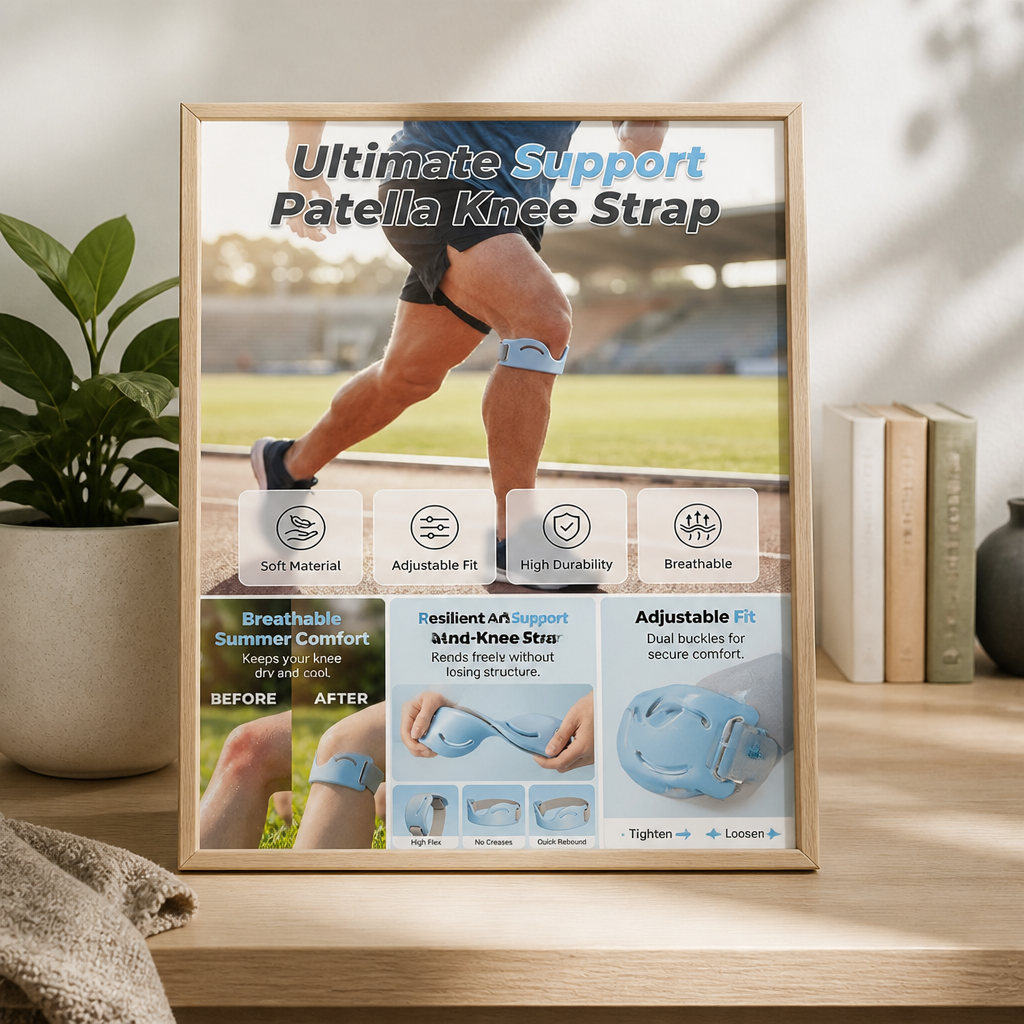 Framed feature poster on a shelf showing a runner wearing the strap, with panels on flexibility, breathability and the dual buckle adjustment. 3