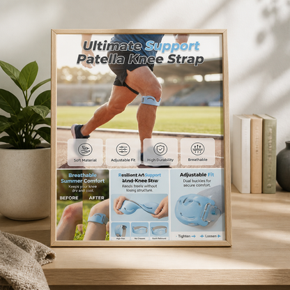 Framed feature poster on a shelf showing a runner wearing the strap, with panels on flexibility, breathability and the dual buckle adjustment. 3