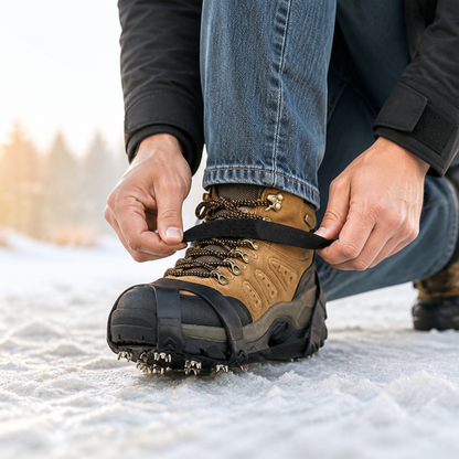 Person crouching on frosty ground pulling the black hook-and-loop strap of an ice cleat over a hiking boot 3