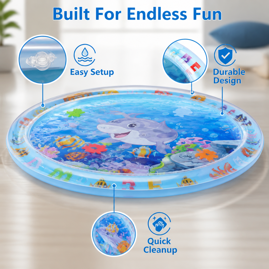 Round blue water mat with a cartoon shark and fish design, with close-ups of the fill valve, patterned inflatable rim and floating shapes. 3