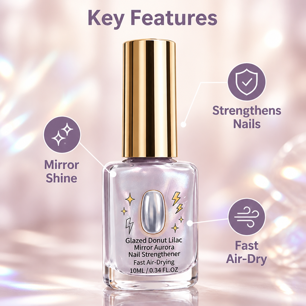 Bottle with gold cap on a sparkly pink background, with icons marking shine, strengthening and quick drying 3