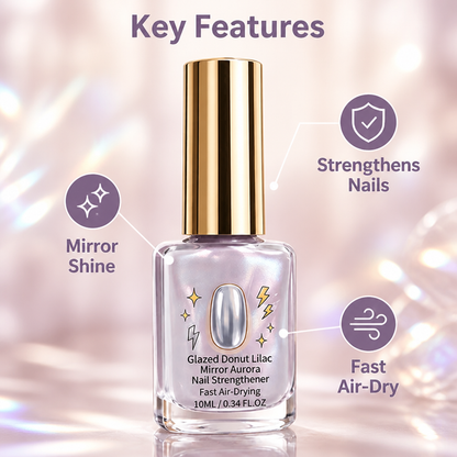Bottle with gold cap on a sparkly pink background, with icons marking shine, strengthening and quick drying 3