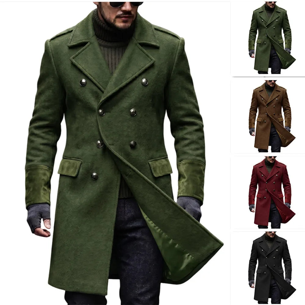 Green overcoat worn open at the front, with four smaller thumbnails showing the green, brown, red and black options 2