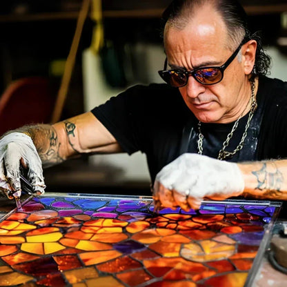 Craftsman in sunglasses and gloves carefully assembling a sheet of coloured stained-glass pieces at a workbench 2