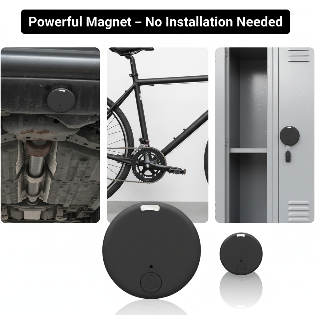 Black round tracker stuck to a car underside, a bicycle frame and a metal locker, with two tracker views below. 6