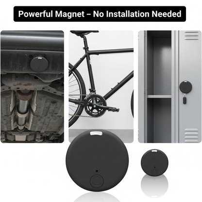 Black round tracker stuck to a car underside, a bicycle frame and a metal locker, with two tracker views below. 6
