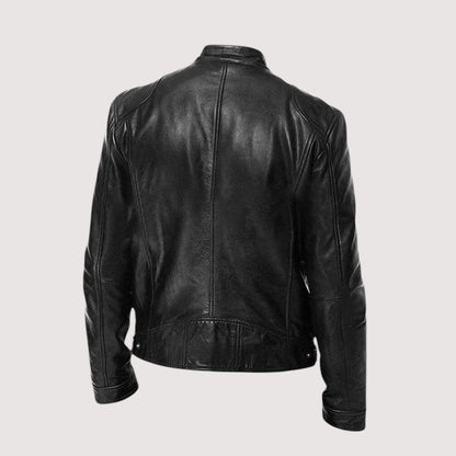 Back view of the black leather jacket showing panelled seams and snap-tab hem 3