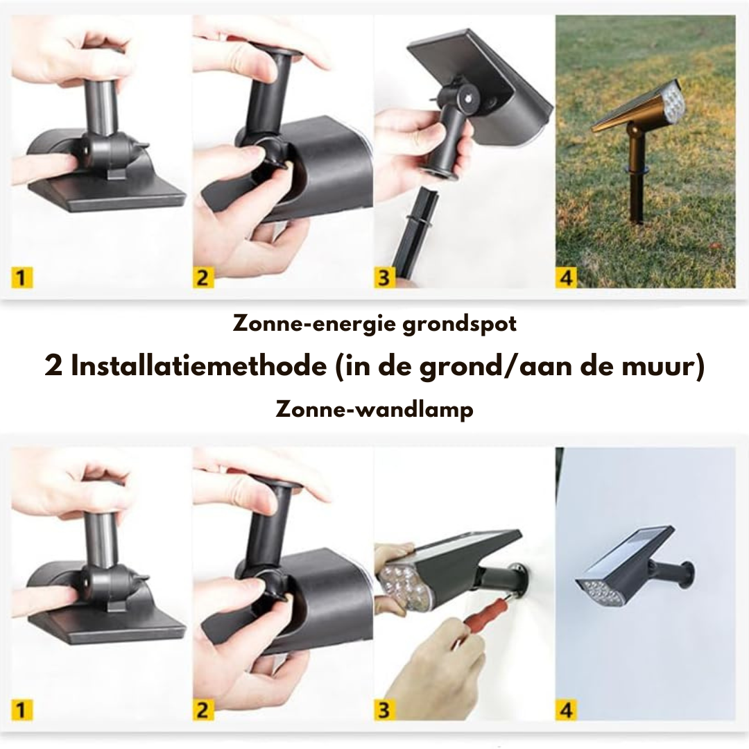 Two-row installation guide with four steps each: pushing the lamp into the lawn on a stake, and fixing it to a wall. 7