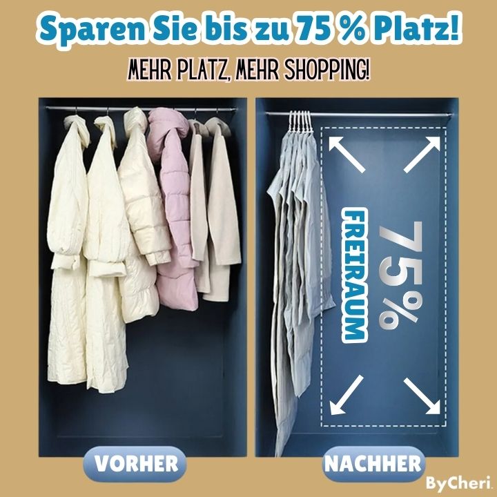 Before-and-after comparison of a wardrobe rail: bulky puffer coats on the left, slim vacuum-sealed bags leaving much more free space on the right. 2