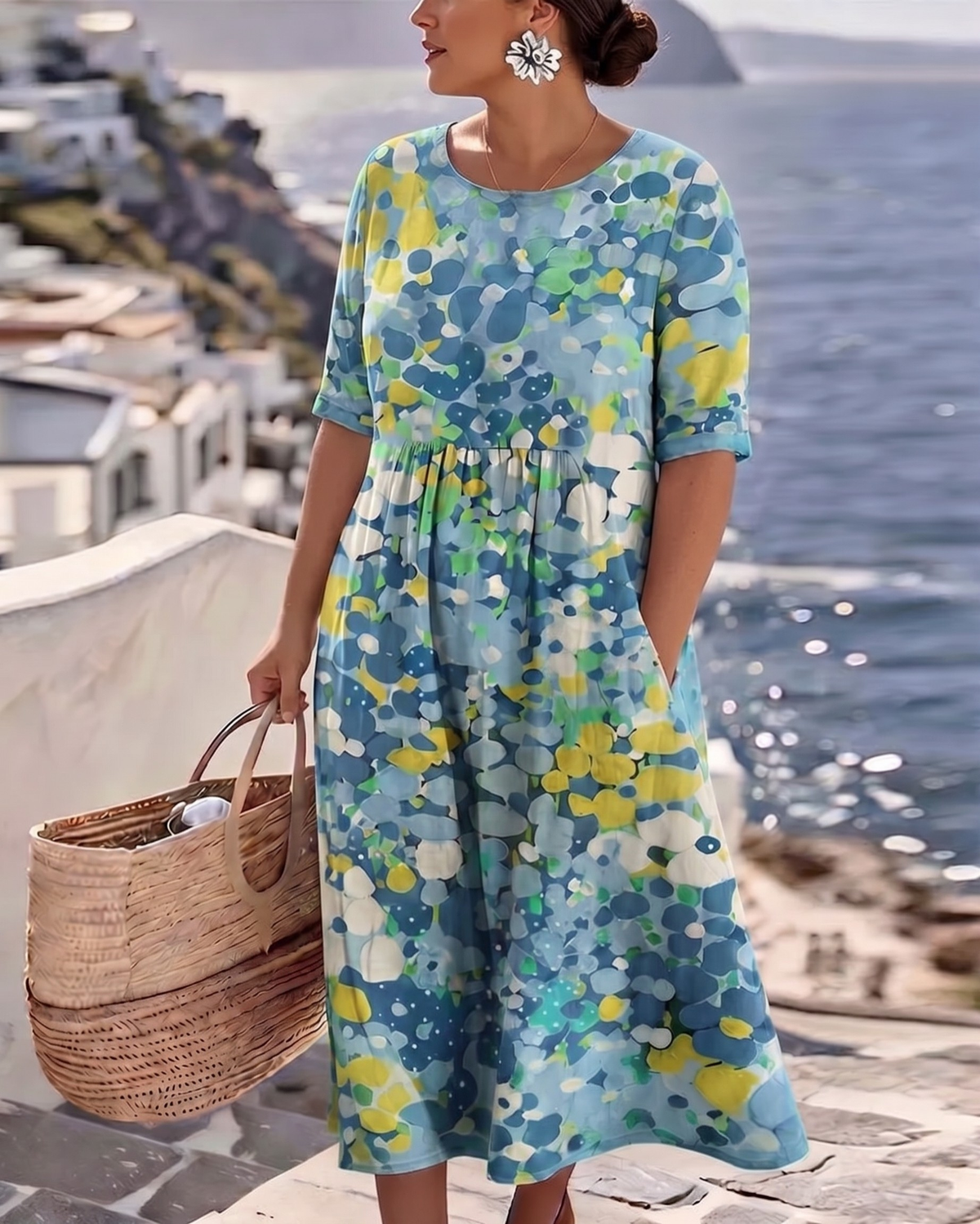 Close three-quarter view of the blue floral dress with gathered waist and hand in pocket 10